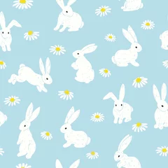 Fotobehang Konijn Naadloos Pasen-patroon met leuk konijntje en bloemen. Doodle vectorillustratie