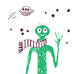 Alien friend green people and stars isolated objects