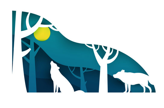 Two wolf in night forest. Paper cut trendy craft cartoon style. Minimalistic creative modern design for advertising, branding background greeting card, cover, poster, banner. Vector illustration.