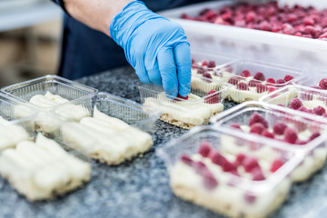 Confectioner decorating delicious desserts with raspberry on factory. Amazing delicious food