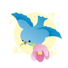 Illustration of Blue Birds Bring Flowers Cartoon, Cute Funny Character, Flat Design