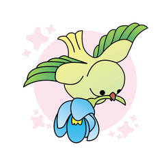 Illustration of Green Birds Bring Flowers Cartoon, Cute Funny Character, Flat Design