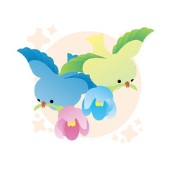 Illustration of Green and Blue Birds Bring Flowers Cartoon, Cute Funny Character, Flat Design