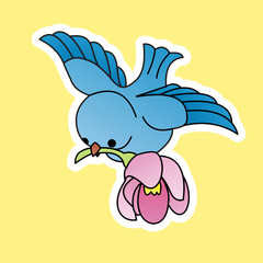 Sticker of Blue Birds Bring Flowers Cartoon, Cute Funny Character, Flat Design