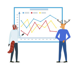 Deer and lemur characters discussing board with chart, rising lines and arrow, infochart report, back view of standing colleagues hipster animals vector
