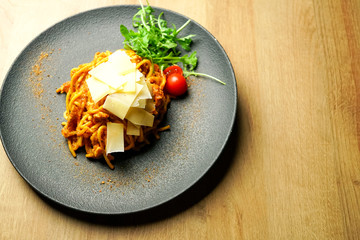 Pasta dish on a restaurant table