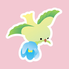 Sticker of Green Birds Bring Flowers Cartoon, Cute Funny Character, Flat Design