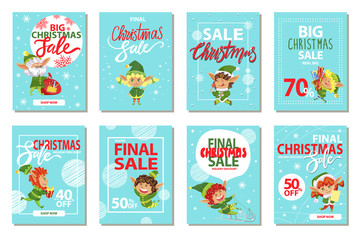 Christmas discounts, final sale 70 percent off. Promotional posters with calligraphic inscription and xmas character. Elves kids, boys and girls leprechauns on cards with bokeh effect vector