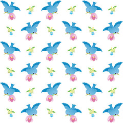 The Amazing of Cute Blue and Green Birds Bring Flowers Illustration, Cartoon Funny Character, Pattern Wallpaper