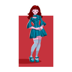 The red-haired girl in a short dress.