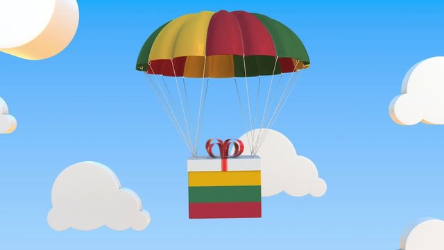 Carton with flag of Lithuania falls with a parachute. Loopable conceptual 3D animation