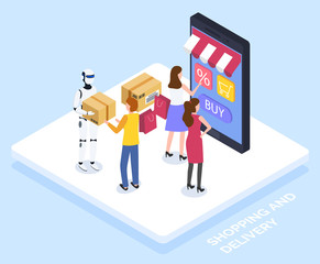 Women look at virtual shop on smartphone, online shopping. Customers use gadget for online shopping. Robotic guy deliver parcels, modern shipping. Vector illustration of electronic commerce in flat