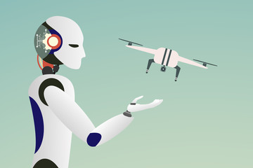 Flat design Man robot launches drone. vector illustration