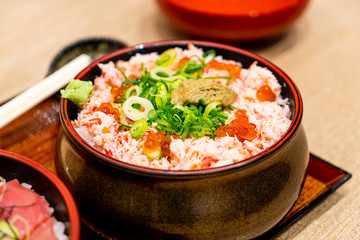 steamed crab raw on topped rice - Japanese donburi