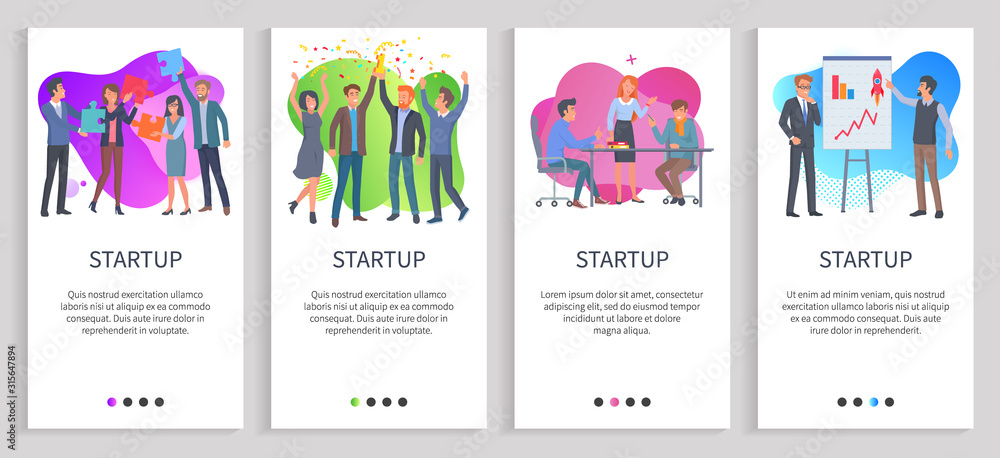 Aufkleber startup of company vector, presentation with ideas and analyzed infocharts, partners and teamwork wo