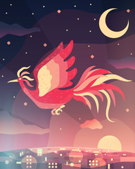 Phoenix flying over city at sunset with night sky