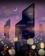 Futuristic city with skyscrapers and bokeh