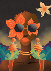Face of black woman with natural afro hair wearing sunglasses
