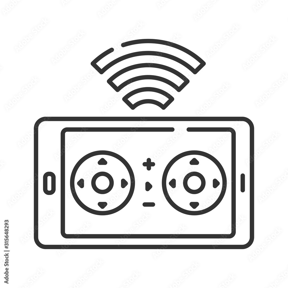 Poster drone control smartphone black line icon. mobile app quadcopter remote control. online service for a