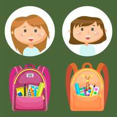 Backpacks or schoolbags with stationery, school children avatars, girls classmates vector. Rucksacks with pen and pencil, paintbrush and ruler, copybook. Back to school concept. Flat cartoon