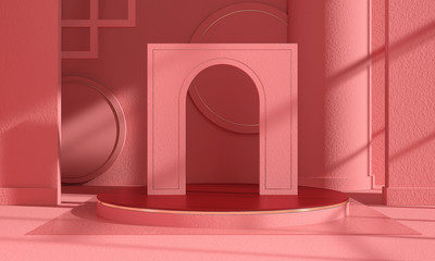 3d rendering Geometrical abstract background Scenes with podium scenes in pastel pink color.
