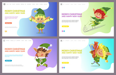Fototapeta premium Collection of greetings for Christmas and new year. Winter holidays celebration. Elves with presents. Dwarf on sleds laughing. Website or webpage template, landing page, vector in flat style