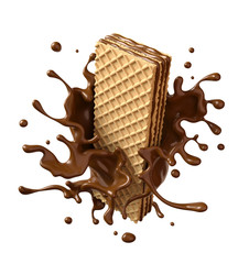 crispy wafer with chocolate Splash, with Clipping path 3d illustration.