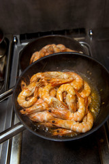 cooking shrimp cocktail with sauce in a restaurant, ready meal