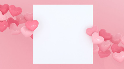 Hearts frame background. Valentines day wallpaper. 3d illustration. Wedding or marriage celebration. Romantic poster or banner hearts backdrop. Pastel pink love. Place for text.