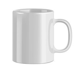 White ceramic mug. Cup on transparent background. Vector illustration. Realistic style. 3D style.