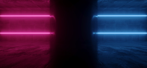 Sci Fi Futuristic NEON Beam Laser Tubes Lines Triangle Shaped Column Concrete Grunge Reflective Warehouse Garage Parking Room Underground Purple Blue Red 3D Rendering