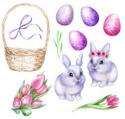 Watercolor easter set with bunnies, tulips and eggs.