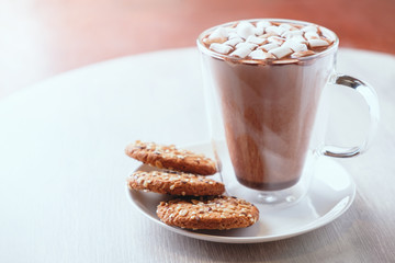 Delicious cocoa with marshmallows and cookies. Horizontal orientation