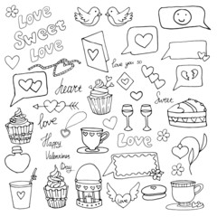 Hand drawn valentines day love symbols:hearts, arrows, sweet, speech bubbles, cupcakes, birds, wine glasses, lettering. Doodle style vector illustration.Design for seasonal cards and printed materials