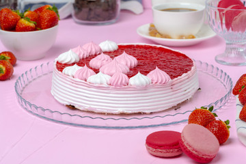 Homemade cream layer biscuit cake with strawberry