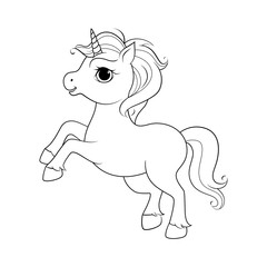 Cute cartoon unicorn. Black and white vector illustration for coloring book.