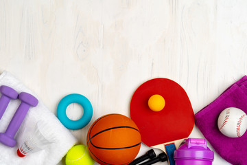 Composition of various sport equipment for fitness and games