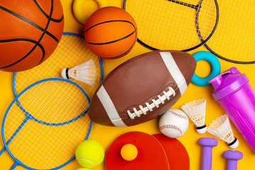 Composition of various sport equipment for fitness and games