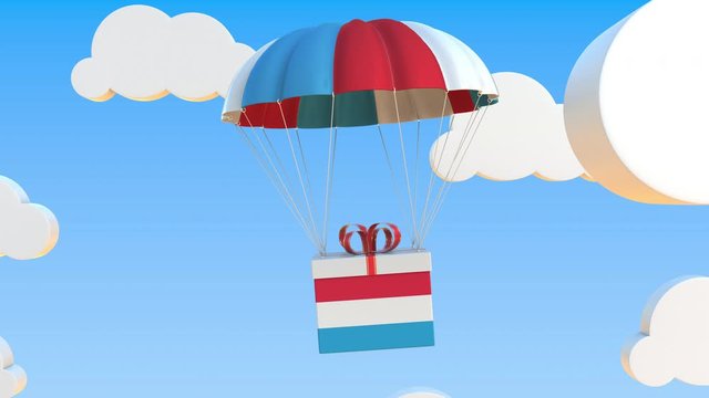 Carton with flag of Luxembourg falls with a parachute. Loopable conceptual 3D animation