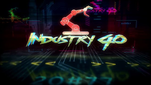 Industry 4.0 futuristic cyberpunk style animation. Modern abstract art 3d rendering hologram intro with glitch effect. Innovation, business, automate and cyber technology concept.
