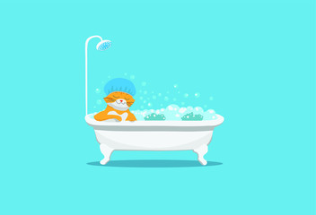 Red cat takes a bath filled with foam and bubbles, in a dark blue shower cap, happy face, on a dark blue background