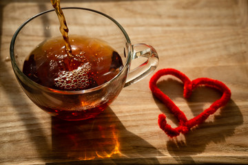Heart for Valentine's Day. Morning tea and holiday greetings.  Top view.