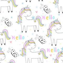 Hand drawn seamless vector pattern with cute unicorns, stars . Repetitive wallpaper on white background.