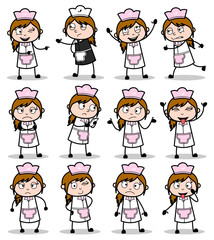 Different Poses of Comic Waitress - Set of Concepts Vector illustrations