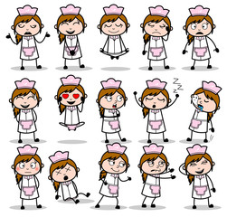 Different Types of Cartoon Waitress Poses - Set of Concepts Vector illustrations