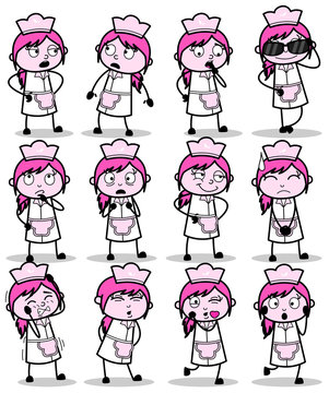 Collection of Cartoon Waitress Poses - Set of Concepts Vector illustrations
