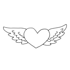Hand drawn winged heart symbol. Valentines day motif. Doodle style vector illustration. Black outlines on white. Design for greeting cards, gifts, wrapping paper, seasonal cards, printed materials etc