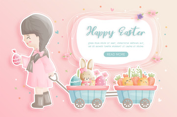 Happy Easter banner with cute girl, bunny and Easter eggs in paper cut style vector illustration.