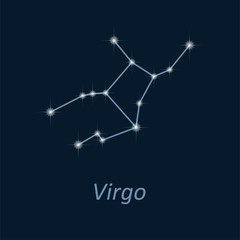 Science astronomy, stars on deep blue background. Vector night sky and zodiac. Virgo constellation.