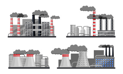 Fototapeta premium Industrial Buildings and Factories Vector Set. Plants with Chimneys Discharging Manufacturing Smoke